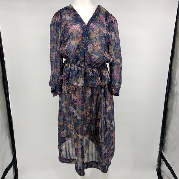 Vintage VTG Floral Sheer Dress Peplum Small - Picture 1 of 4